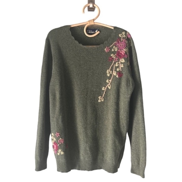 Tulchan Wool Olive Green Knitted Pink Florals with Petal Trim Neckline Large - Picture 2 of 13